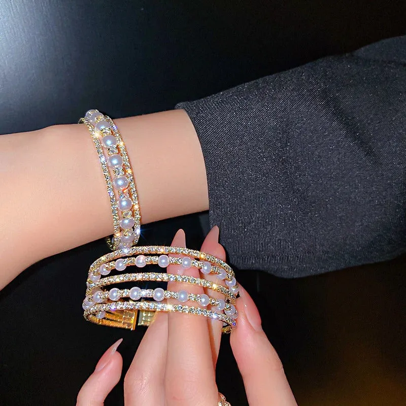 Multi-layer Rhinestones and Pearls Bejeweled Cuff Bangle Bracelets