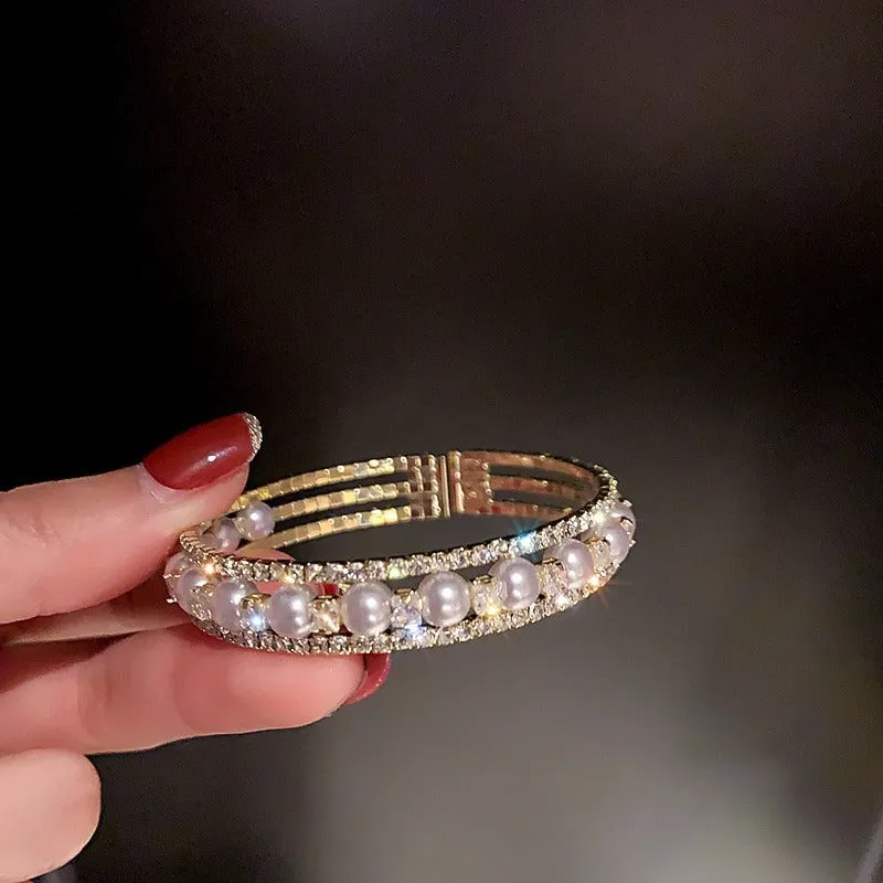Multi-layer Rhinestones and Pearls Bejeweled Cuff Bangle Bracelets