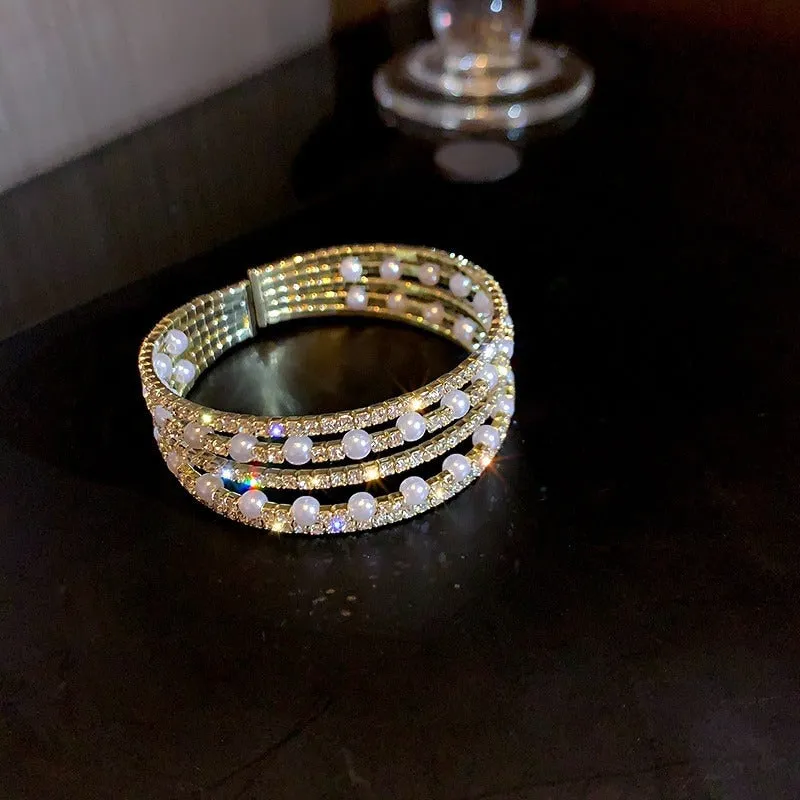Multi-layer Rhinestones and Pearls Bejeweled Cuff Bangle Bracelets