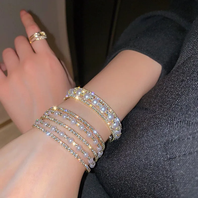 Multi-layer Rhinestones and Pearls Bejeweled Cuff Bangle Bracelets
