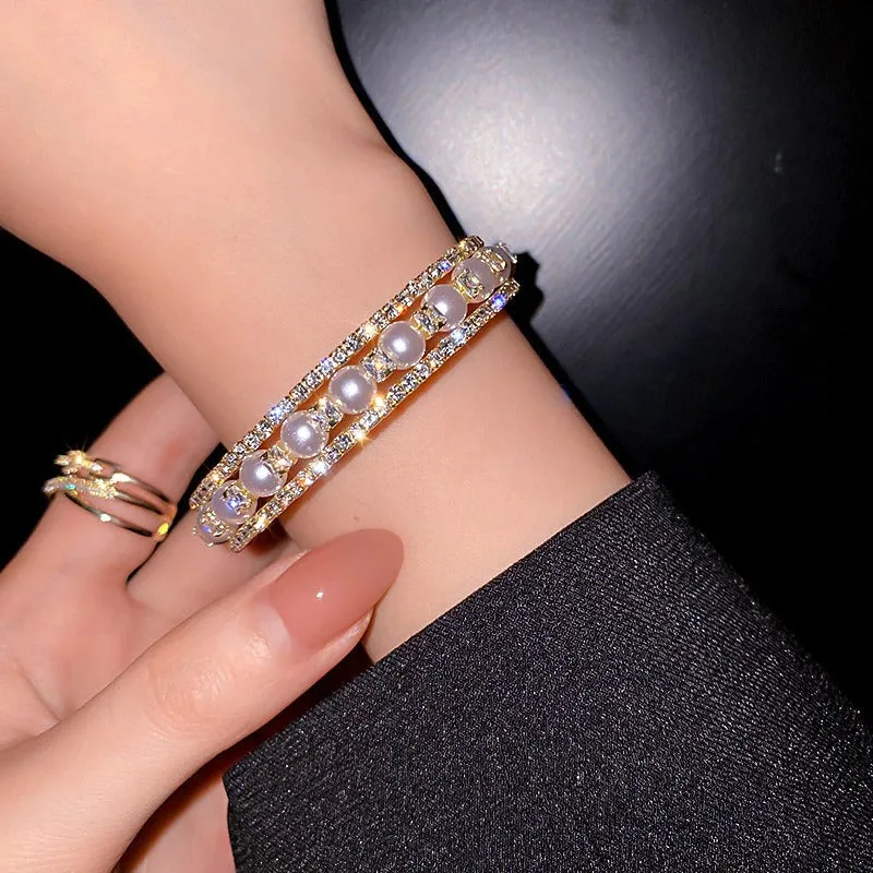 Multi-layer Rhinestones and Pearls Bejeweled Cuff Bangle Bracelets