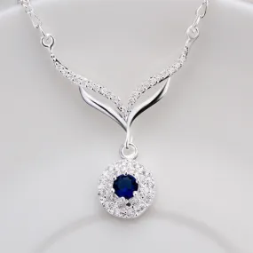 New arrived 925 sterling silver jewelry leafage link round blue stone crystal pendant necklace for women