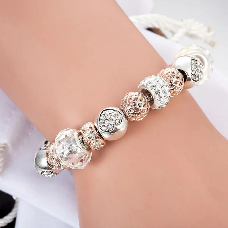 Rhinestone Bejeweled Beaded Heart Charms Bangle Bracelets