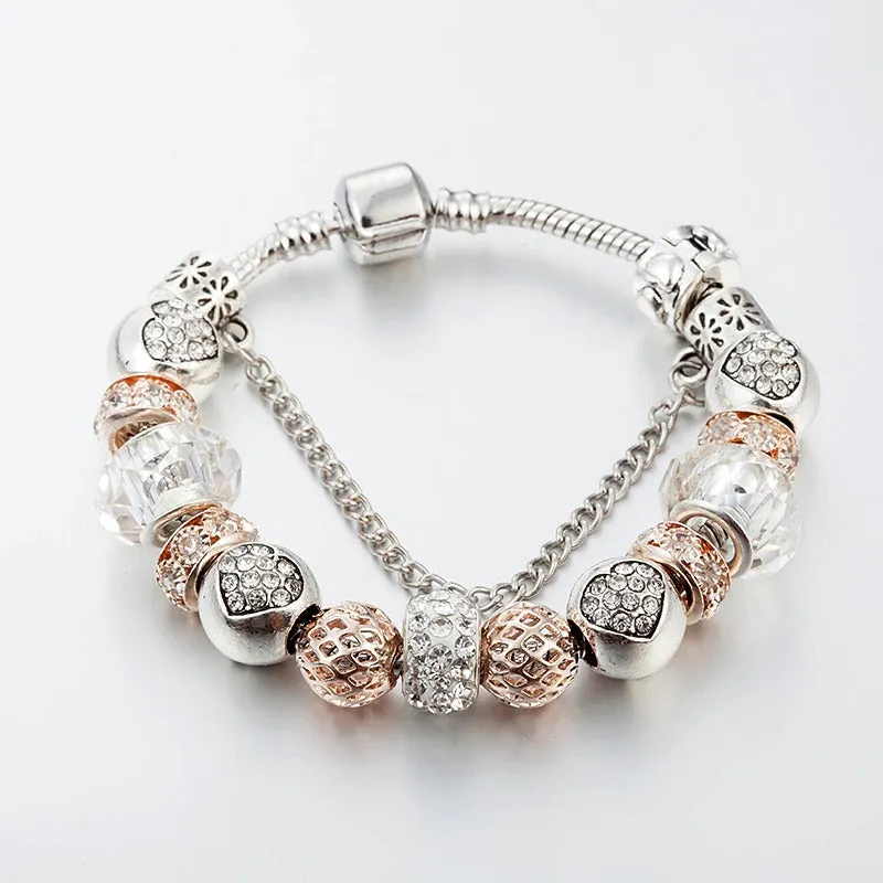 Rhinestone Bejeweled Beaded Heart Charms Bangle Bracelets