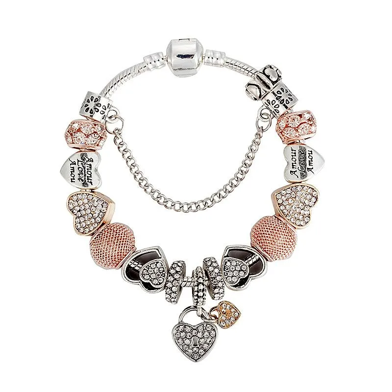 Rhinestone Bejeweled Beaded Heart Charms Bangle Bracelets