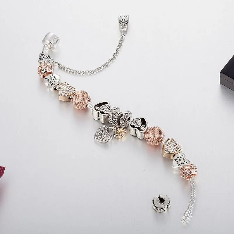 Rhinestone Bejeweled Beaded Heart Charms Bangle Bracelets