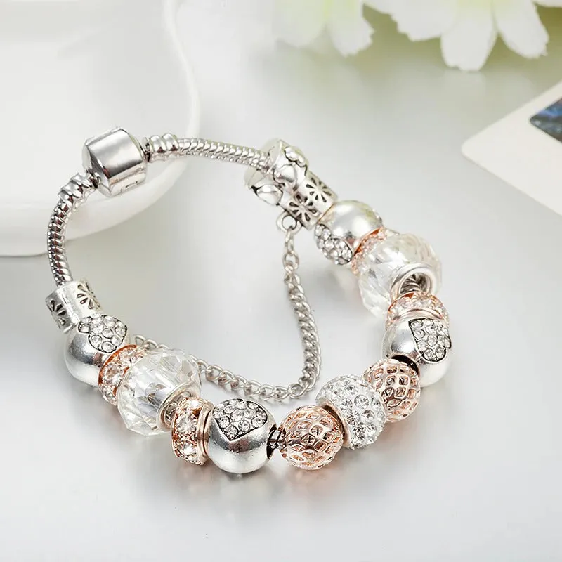 Rhinestone Bejeweled Beaded Heart Charms Bangle Bracelets