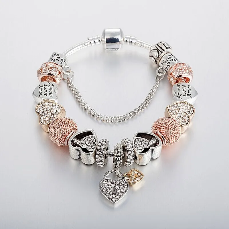 Rhinestone Bejeweled Beaded Heart Charms Bangle Bracelets