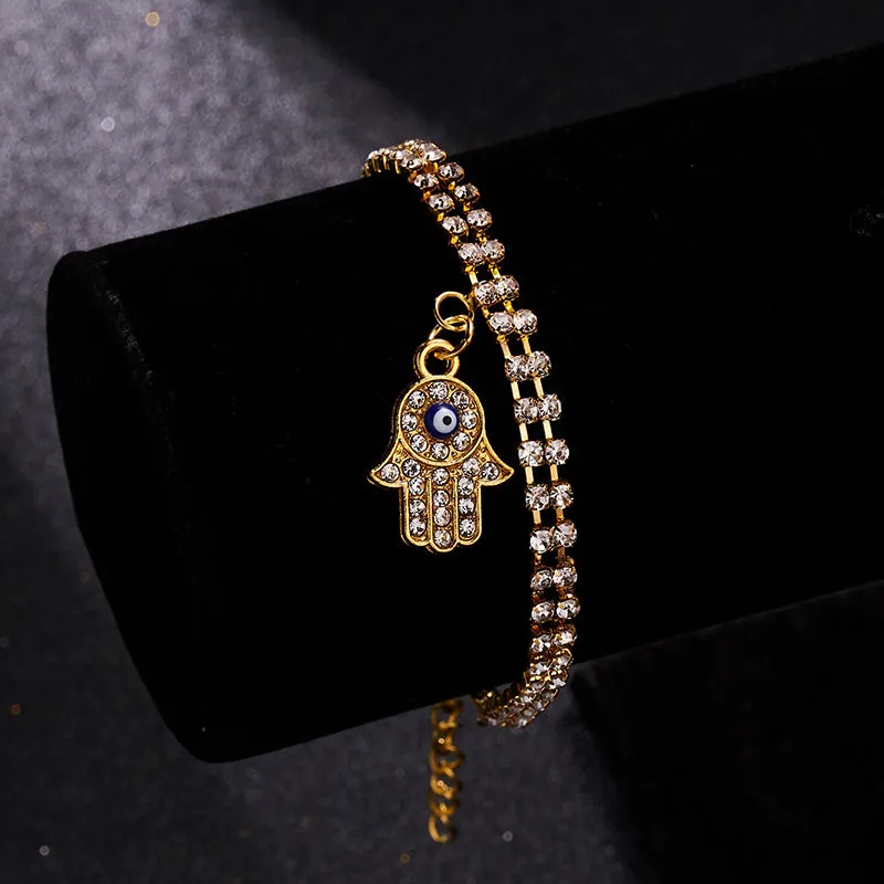 Rhinestone Bejeweled Hamsa Hands and Lucky Blue Eyes Charm Bracelets