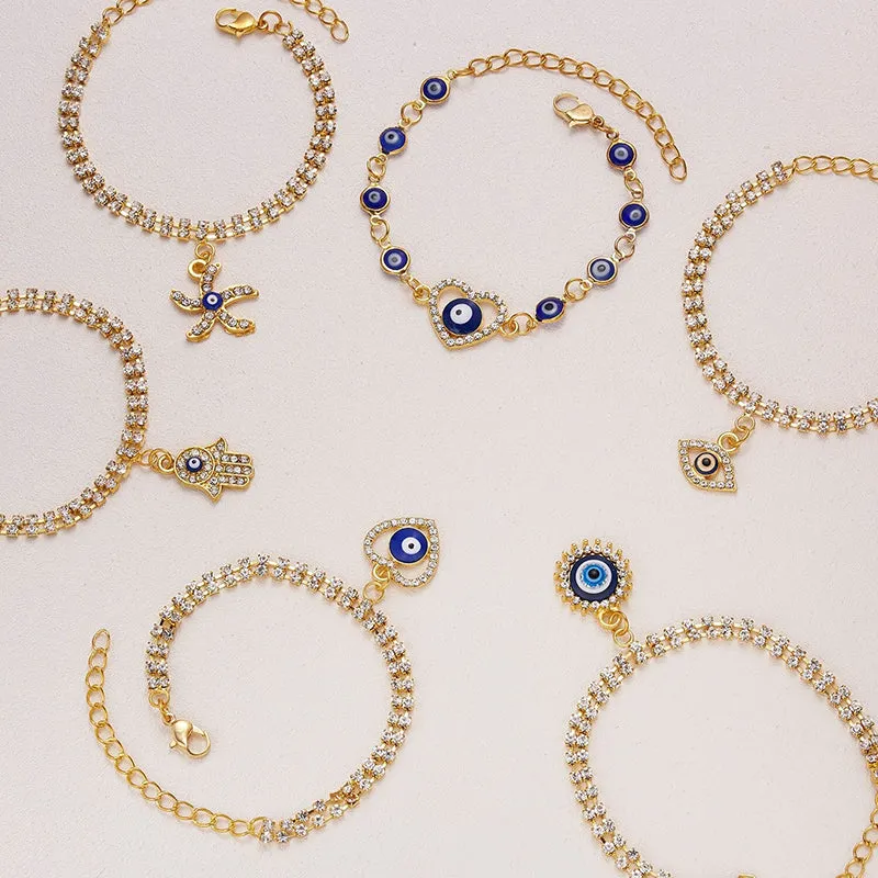 Rhinestone Bejeweled Hamsa Hands and Lucky Blue Eyes Charm Bracelets