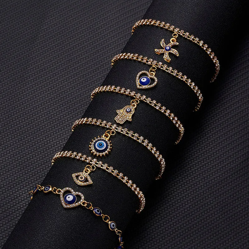 Rhinestone Bejeweled Hamsa Hands and Lucky Blue Eyes Charm Bracelets
