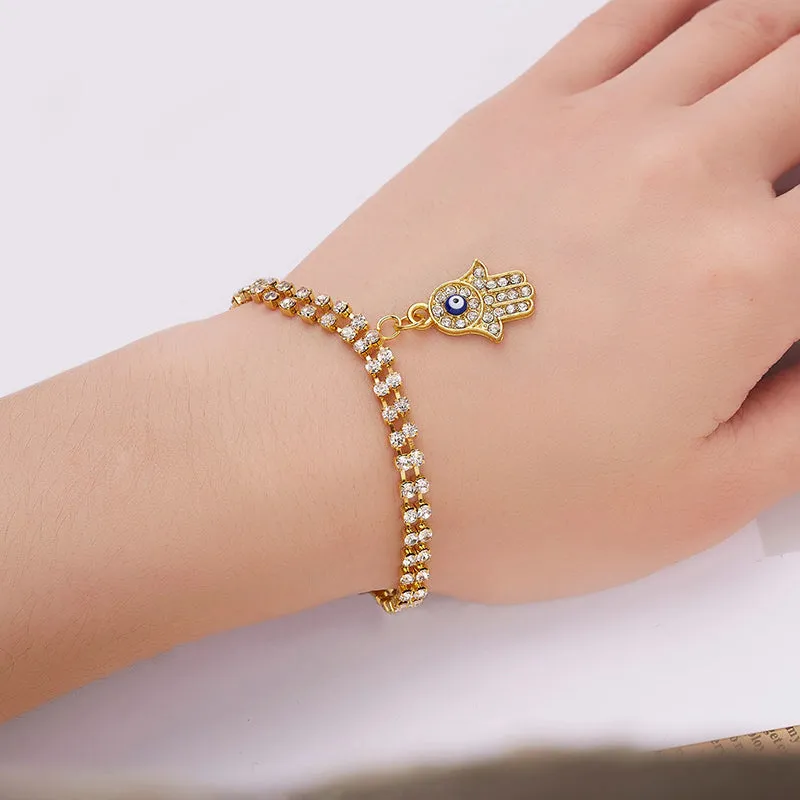 Rhinestone Bejeweled Hamsa Hands and Lucky Blue Eyes Charm Bracelets