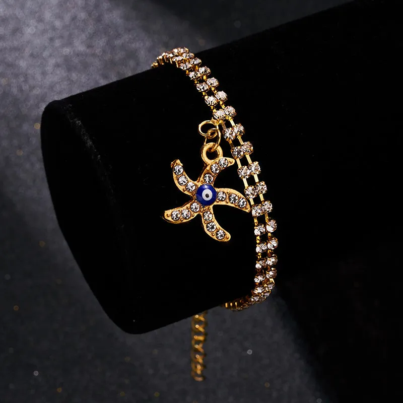 Rhinestone Bejeweled Hamsa Hands and Lucky Blue Eyes Charm Bracelets