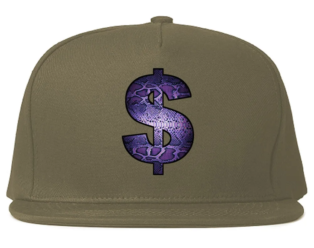 Snakeskin Money Sign Purple Animal Print Snapback Hat