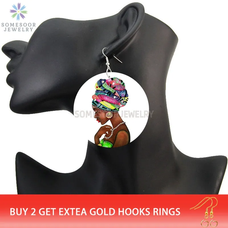 SOMESOOR Vinatge African Headwrap Woman Wood Drop Earrings