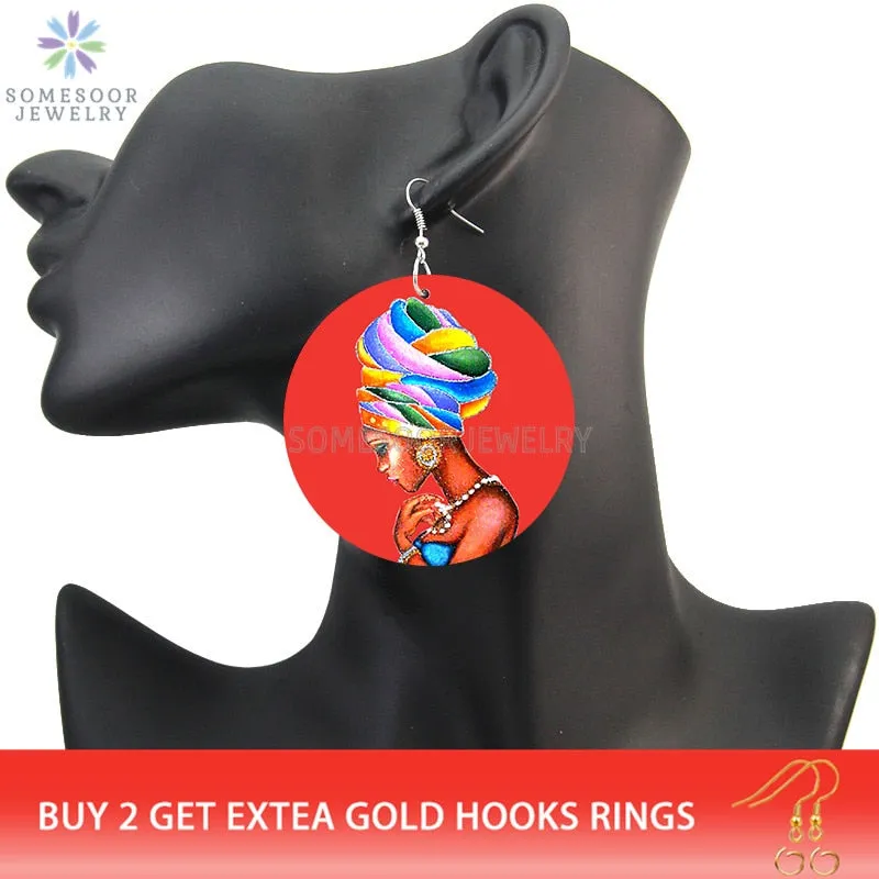 SOMESOOR Vinatge African Headwrap Woman Wood Drop Earrings