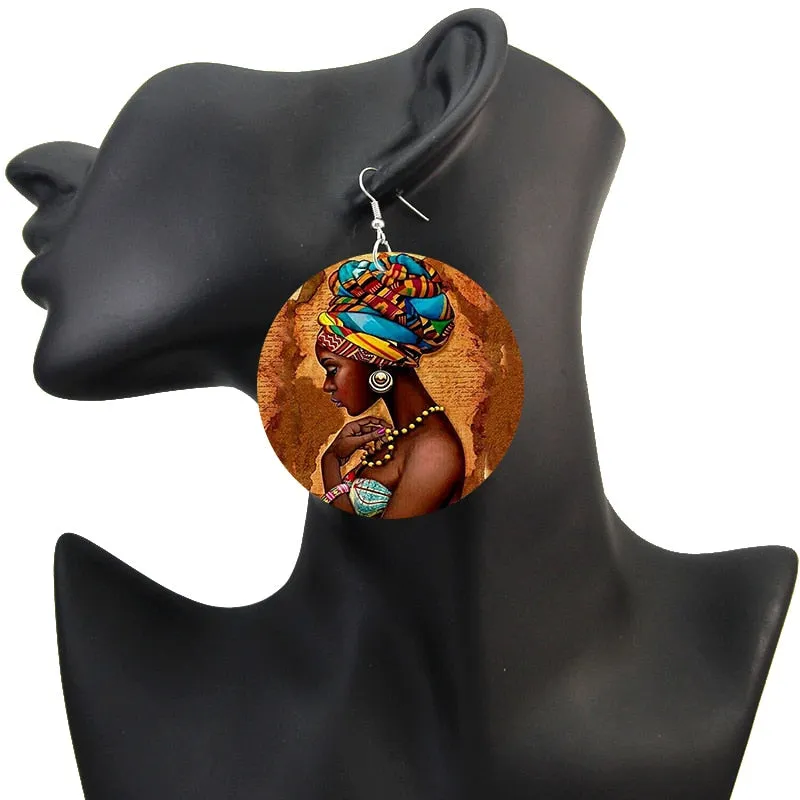 SOMESOOR Vinatge African Headwrap Woman Wood Drop Earrings