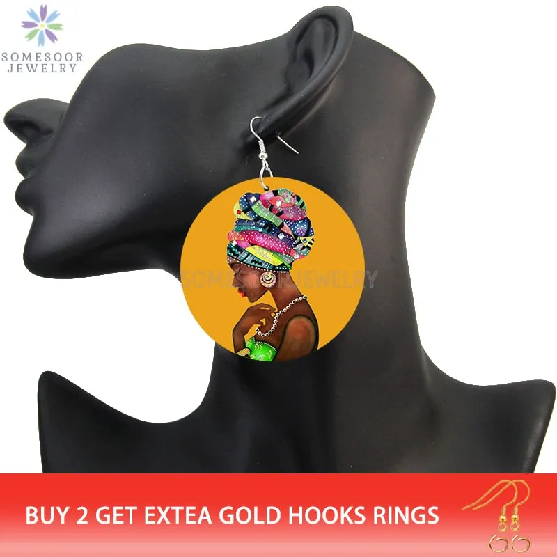 SOMESOOR Vinatge African Headwrap Woman Wood Drop Earrings