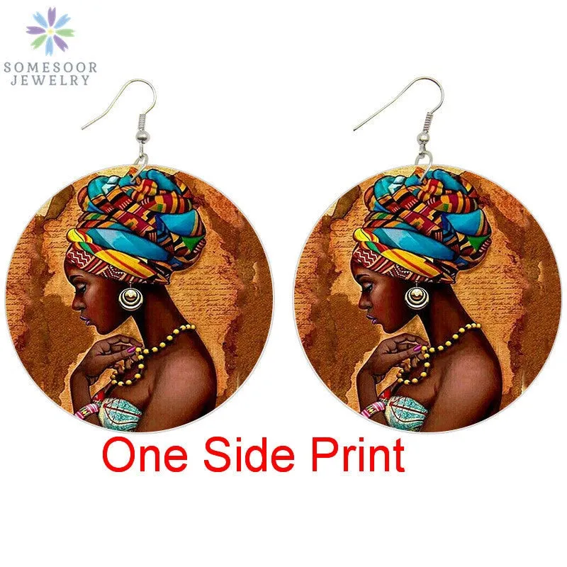SOMESOOR Vinatge African Headwrap Woman Wood Drop Earrings