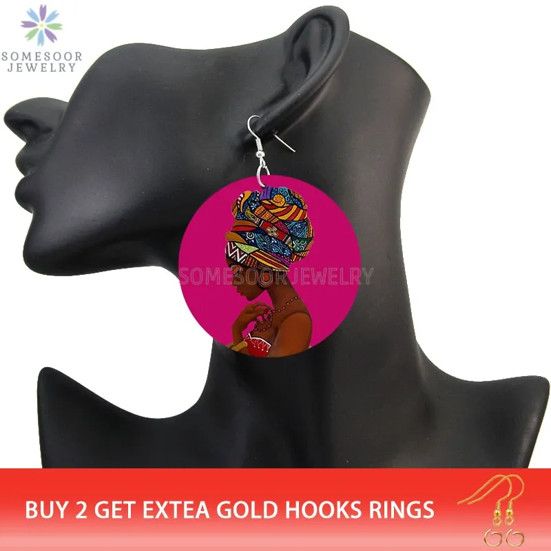 SOMESOOR Vinatge African Headwrap Woman Wood Drop Earrings