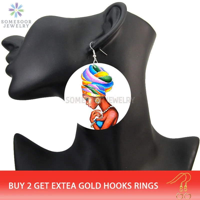 SOMESOOR Vinatge African Headwrap Woman Wood Drop Earrings