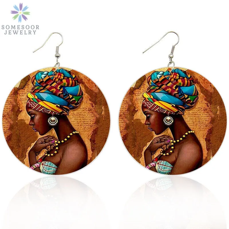SOMESOOR Vinatge African Headwrap Woman Wood Drop Earrings