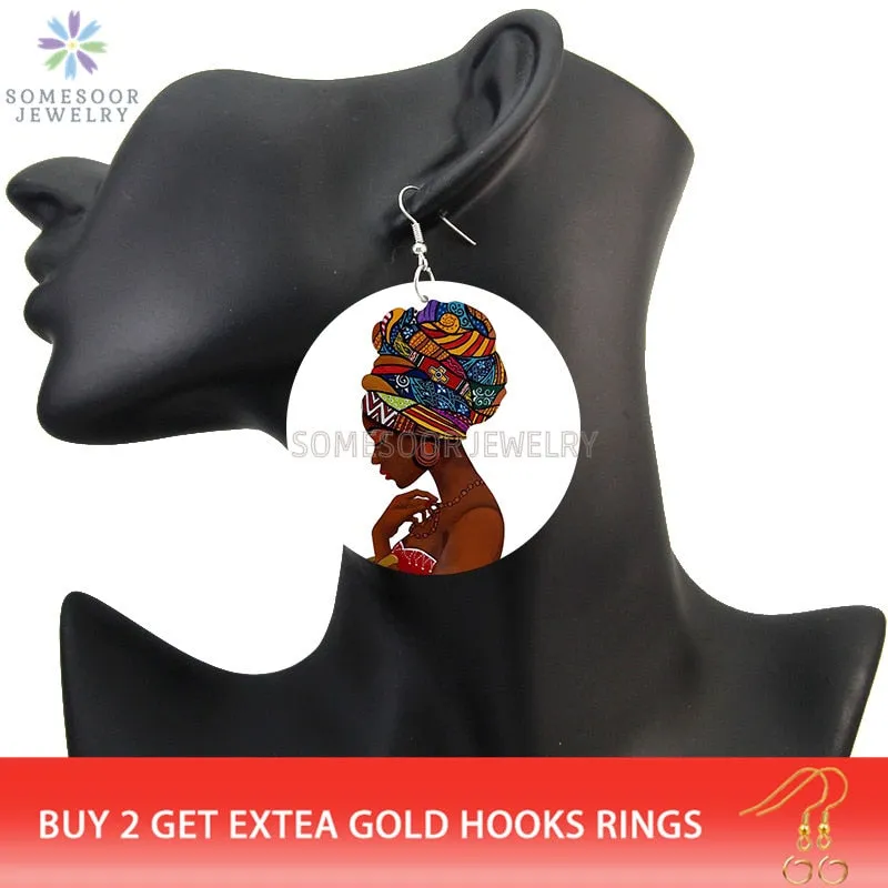 SOMESOOR Vinatge African Headwrap Woman Wood Drop Earrings