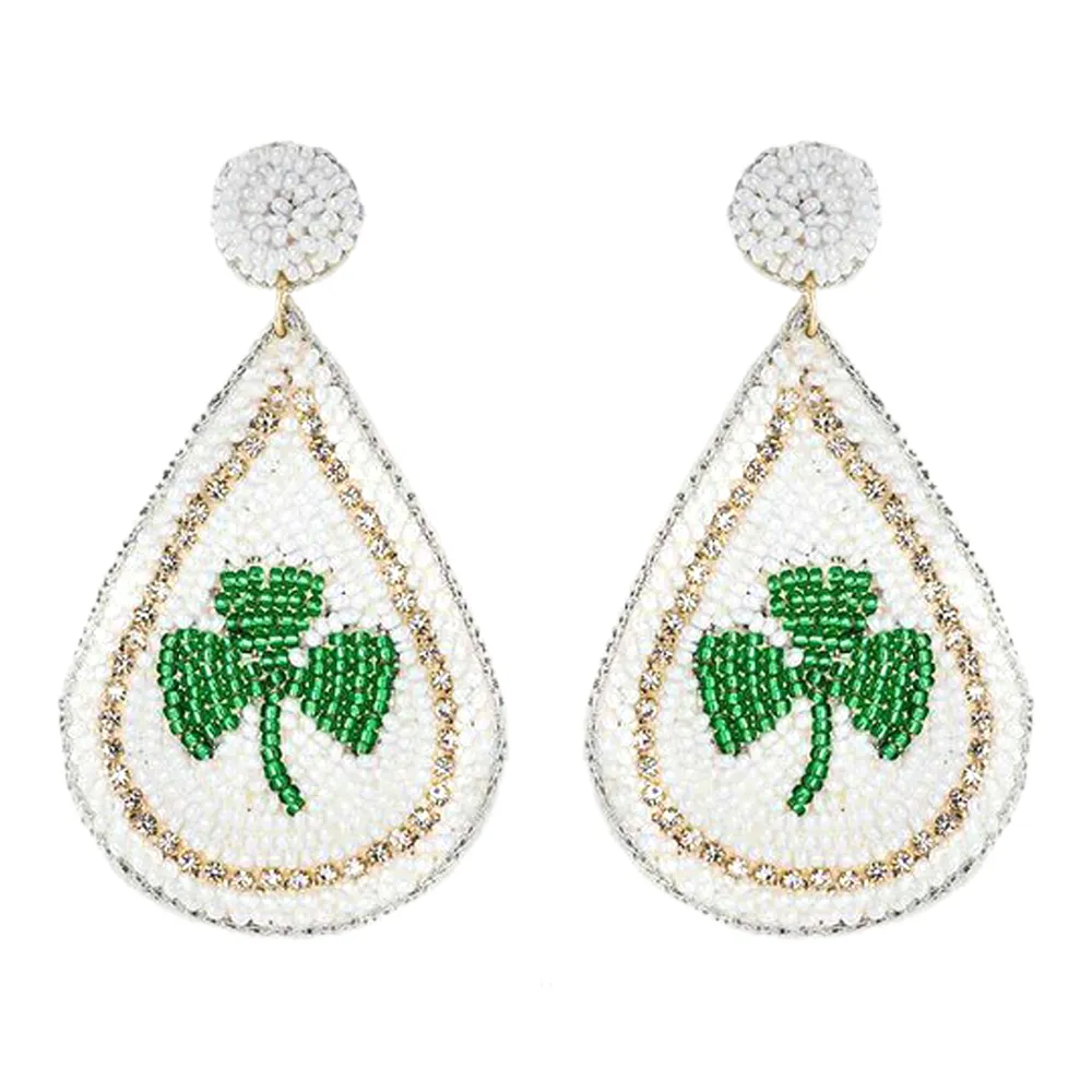 St. Patrick's Day Beaded Lucky Clover Teardrop Charm Fashion Dangle Earrings