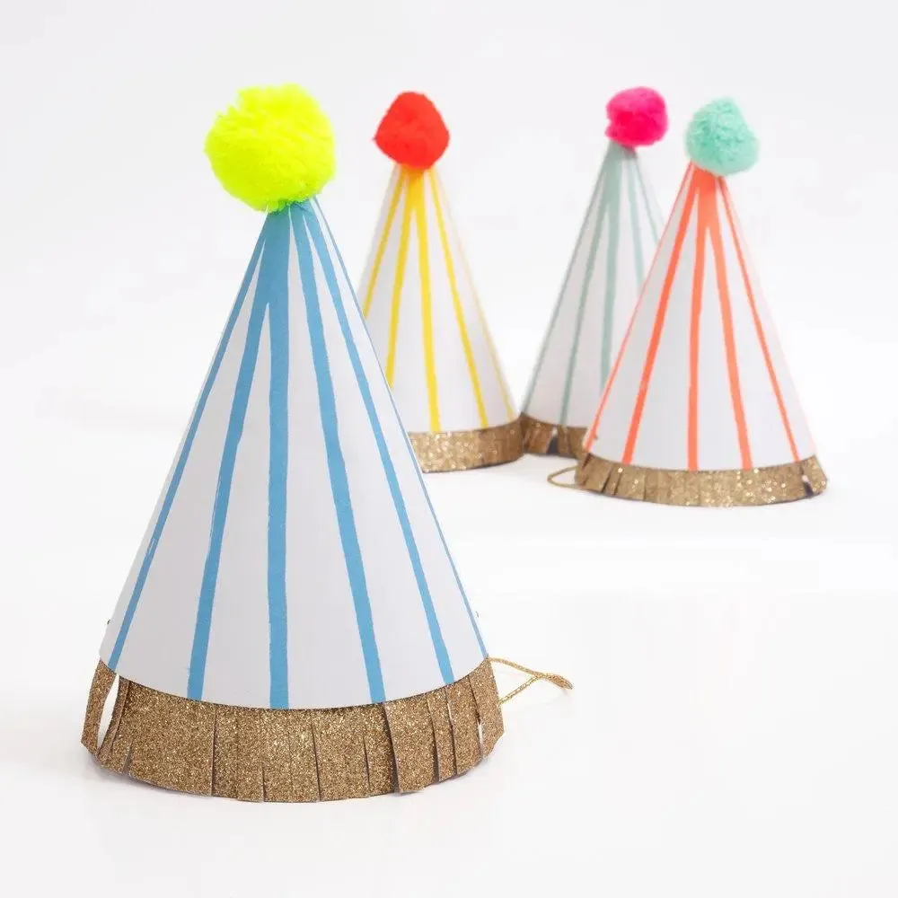 Stripe Pompom Party Hats (set of 8)