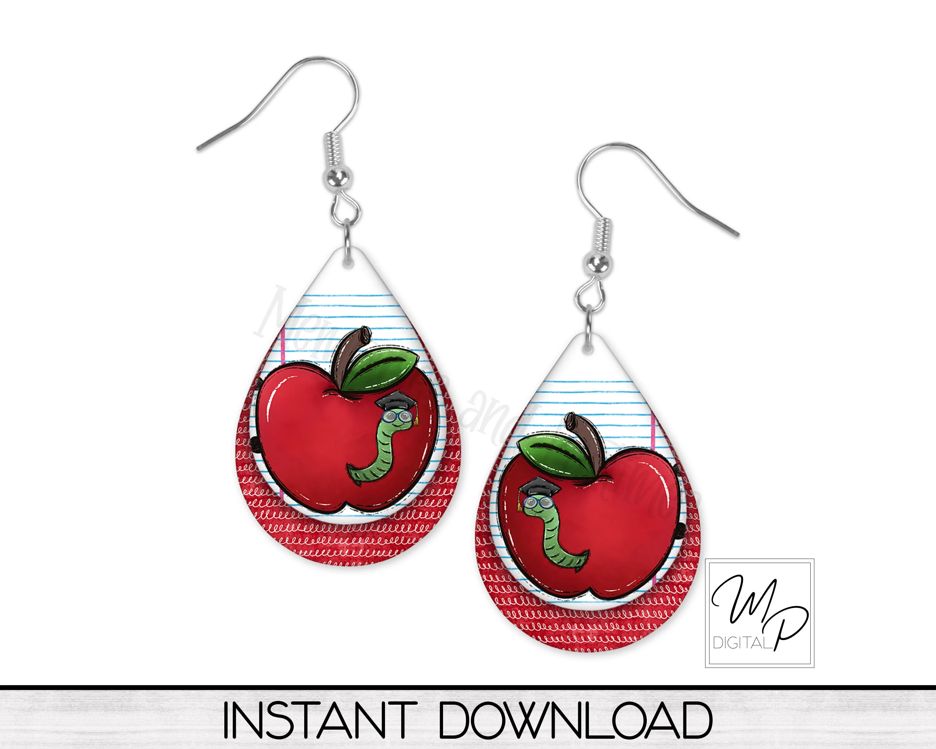 Teacher Apple Teardrop Earring PNG Design for Sublimation, Digital Download