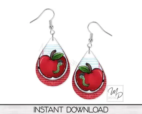 Teacher Apple Teardrop Earring PNG Design for Sublimation, Digital Download