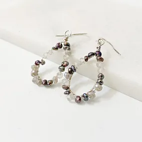 Tiny pearl and Quartz Teardrop Hoop Earrings. Pearl Gemstone Teardrop Earrings