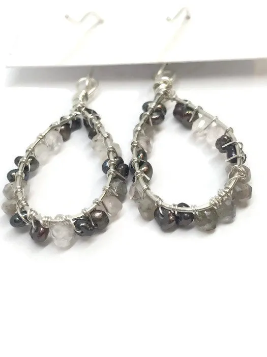 Tiny pearl and Quartz Teardrop Hoop Earrings. Pearl Gemstone Teardrop Earrings