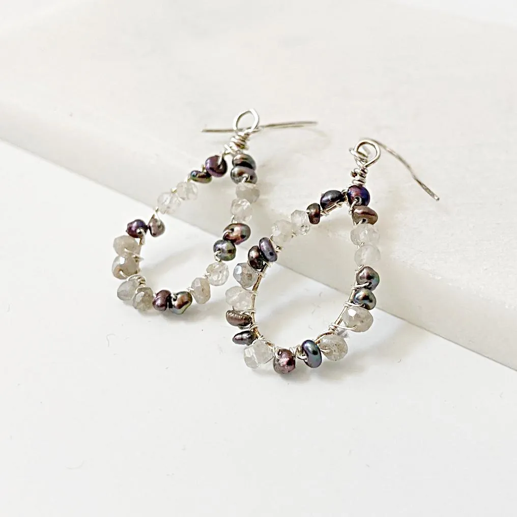 Tiny pearl and Quartz Teardrop Hoop Earrings. Pearl Gemstone Teardrop Earrings