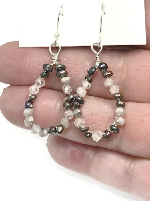 Tiny pearl and Quartz Teardrop Hoop Earrings. Pearl Gemstone Teardrop Earrings