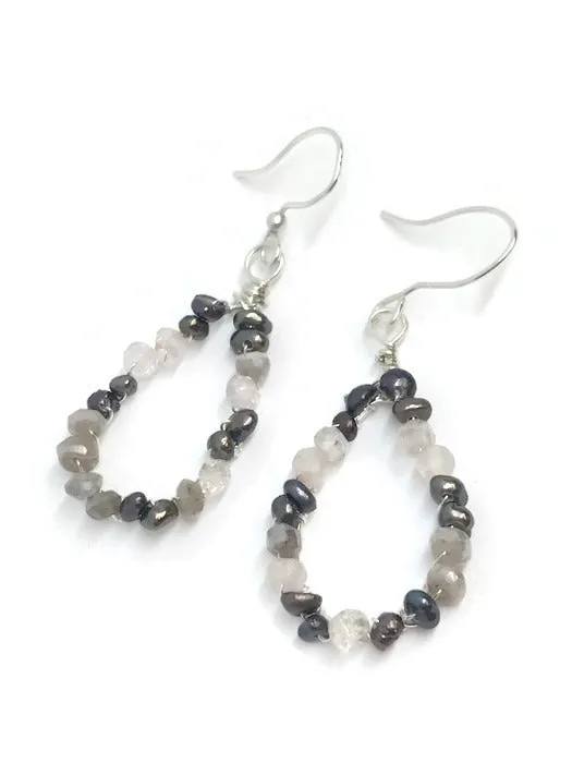 Tiny pearl and Quartz Teardrop Hoop Earrings. Pearl Gemstone Teardrop Earrings