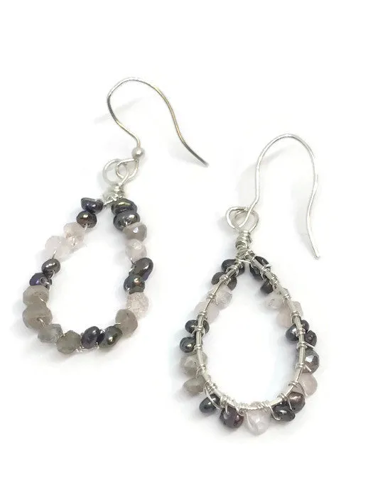 Tiny pearl and Quartz Teardrop Hoop Earrings. Pearl Gemstone Teardrop Earrings