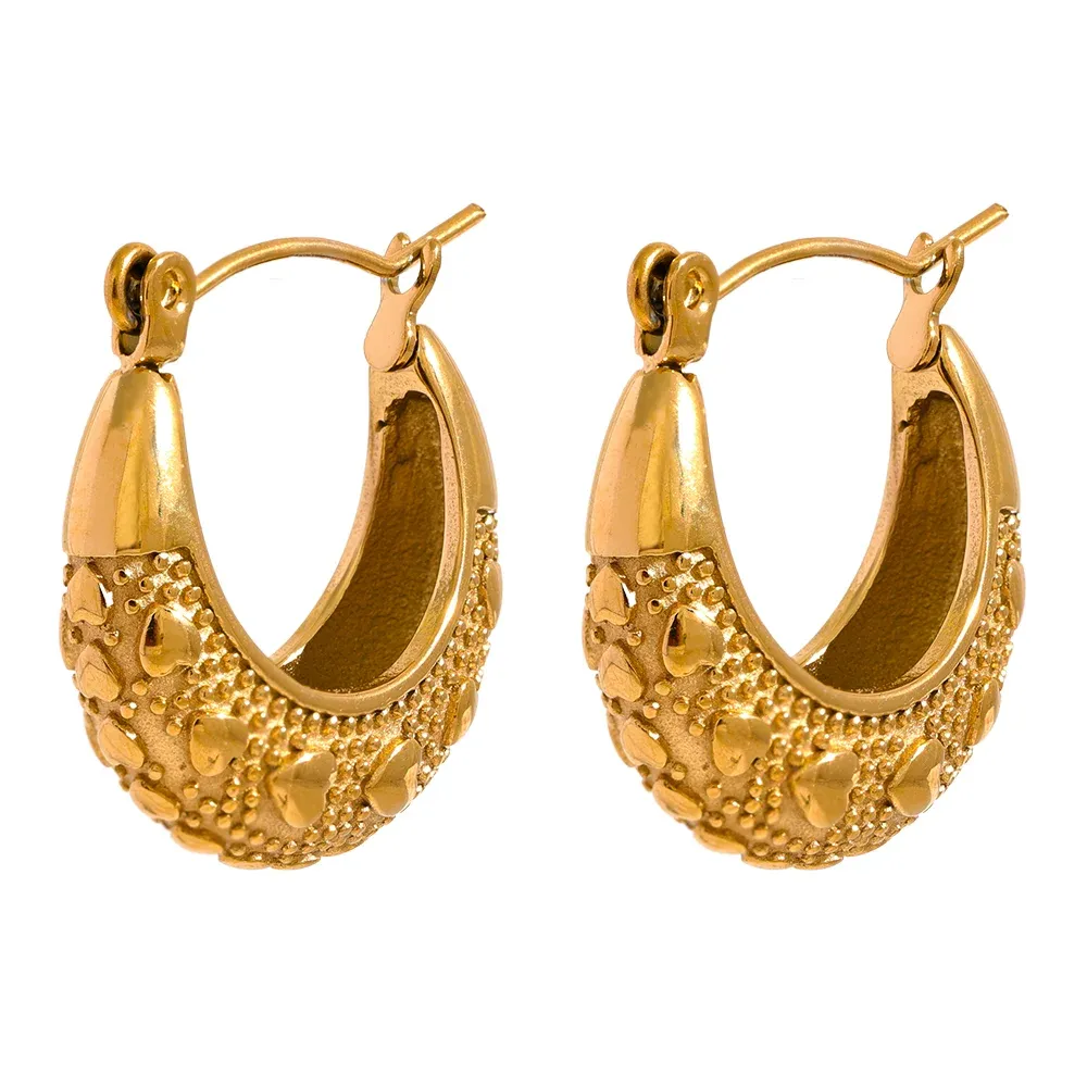 VAIGE 316L Stainless Steel Geometric Heart Hoop Earrings with 18K PVD Gold Plating - Metal Texture Charm Jewelry