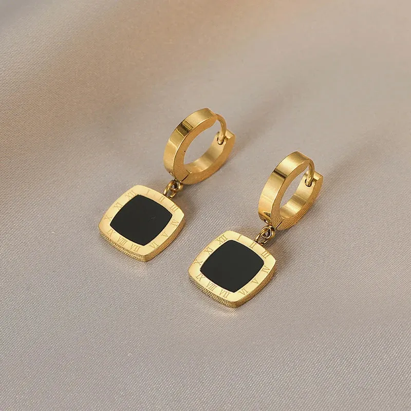 VAIGE Classic Stainless Steel Roman Digital Round Pendant Drop Earrings - Geometric Fashion Jewelry