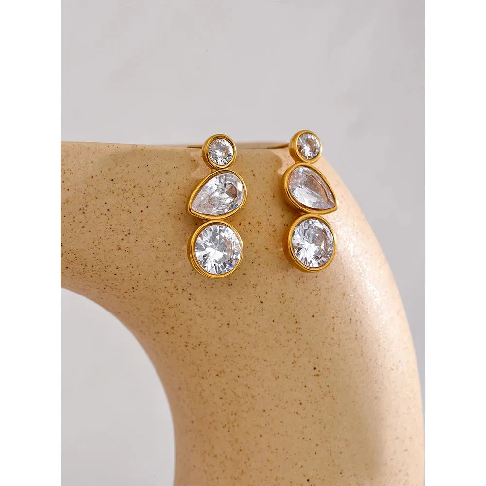 VAIGE Elegant Gold Plated Stainless Steel Geometric Cubic Zirconia Stud Earrings - Trendy Daily Fashion Jewelry Gift
