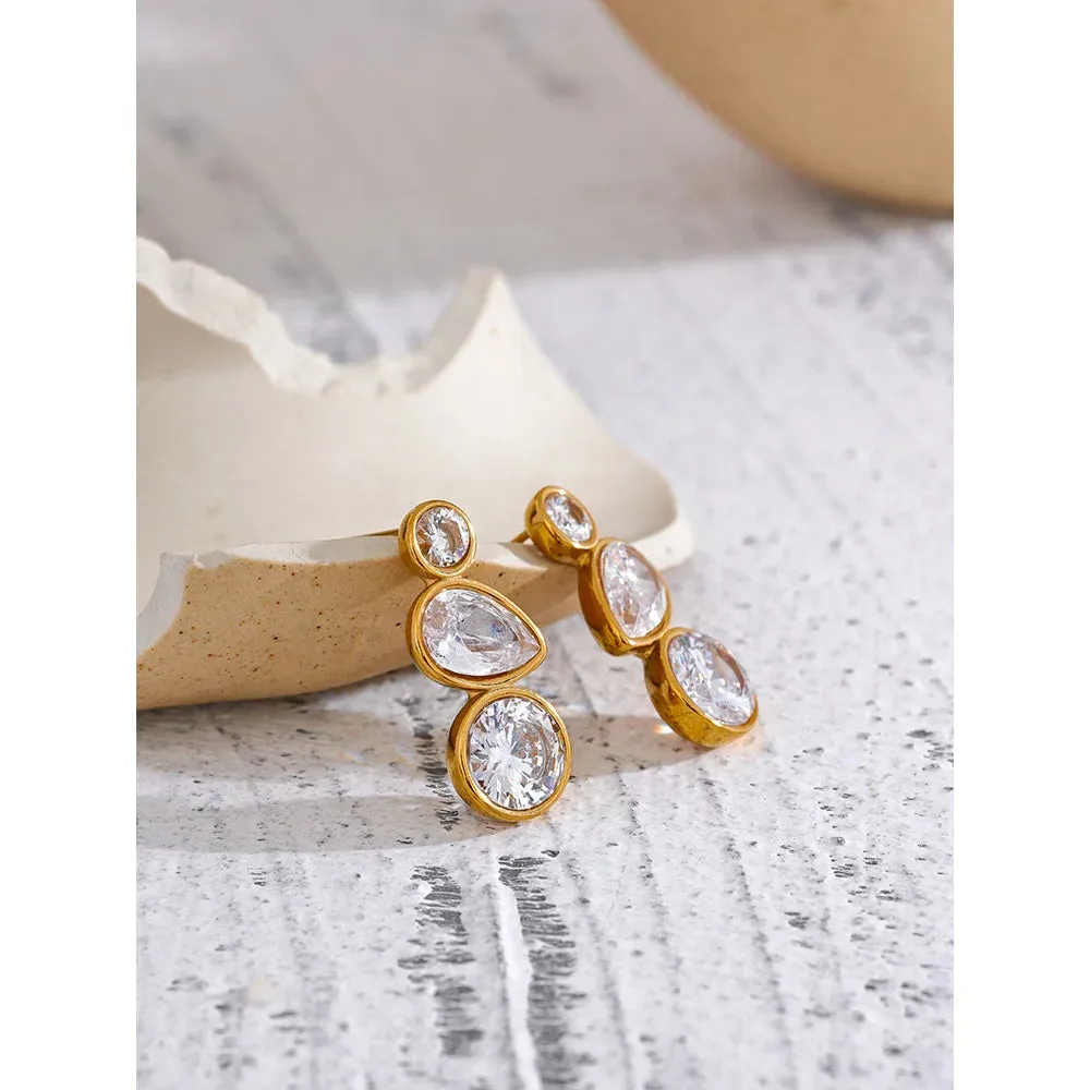 VAIGE Elegant Gold Plated Stainless Steel Geometric Cubic Zirconia Stud Earrings - Trendy Daily Fashion Jewelry Gift
