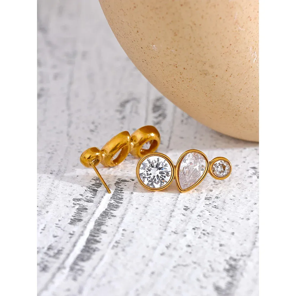 VAIGE Elegant Gold Plated Stainless Steel Geometric Cubic Zirconia Stud Earrings - Trendy Daily Fashion Jewelry Gift