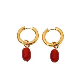 VAIGE Tarnish-Resistant Stainless Steel Geometric Hoop Earrings with Natural Carenlian Crystal and Onyx, 20mm x 15mm