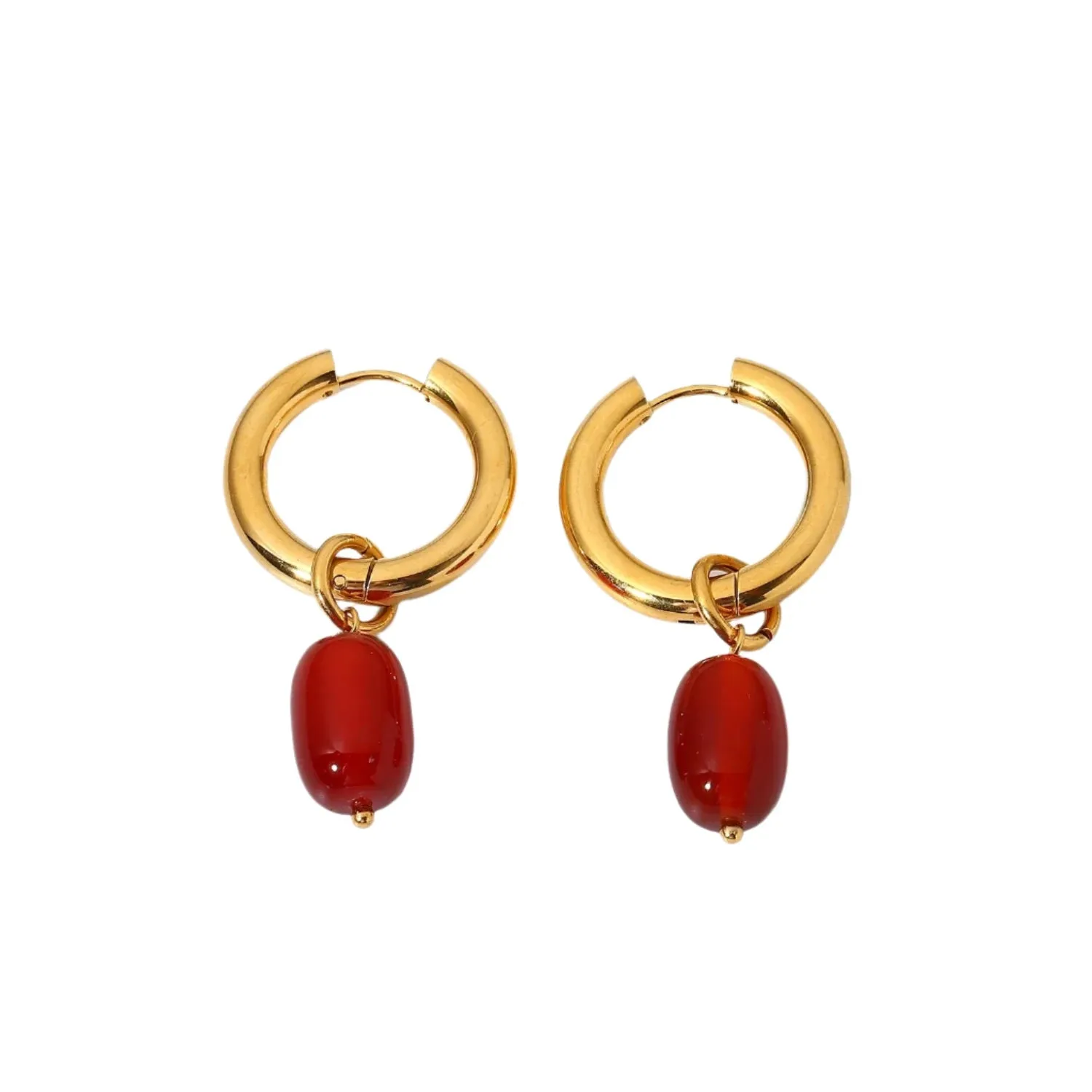 VAIGE Tarnish-Resistant Stainless Steel Geometric Hoop Earrings with Natural Carenlian Crystal and Onyx, 20mm x 15mm