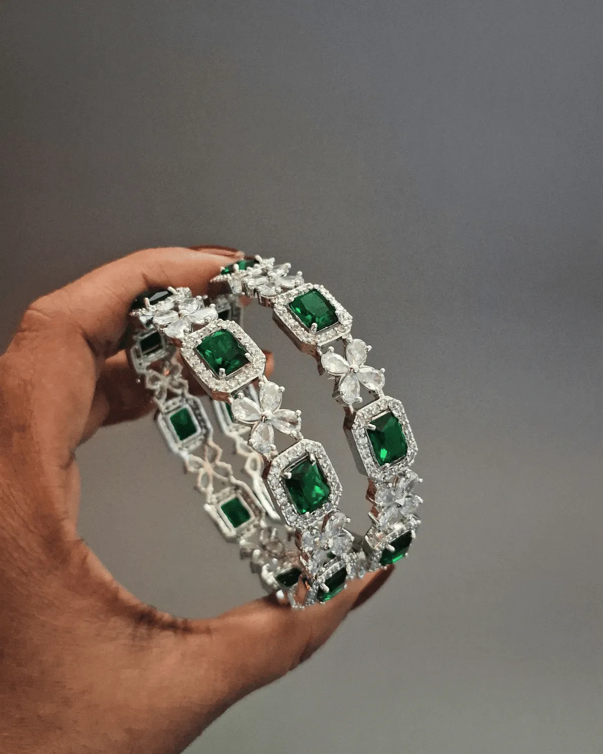 Zevarly Ambani Emerald Silver AD Bangles